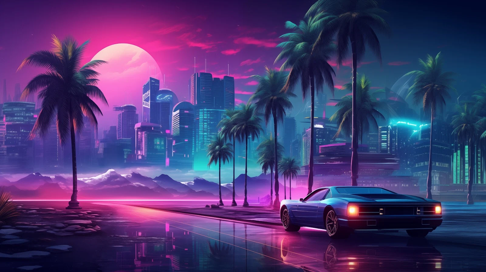 A Stunning Ai Art, Illustration, Synthwave, Palm Trees, Sunset 5K Desktop and Mobile Wallpaper Background (5824x3264)