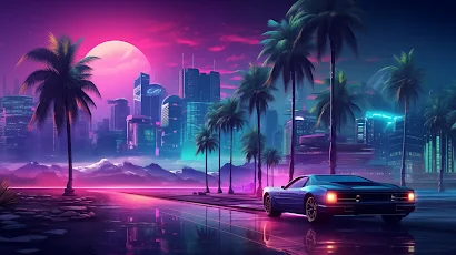 Ai Art, Illustration, Synthwave, Palm Trees, Sunset 5K Wallpaper Background