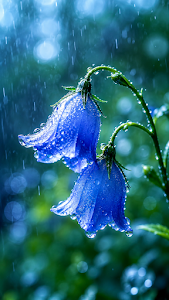 Macro Photography of Blue Bellflowers with Water Droplets