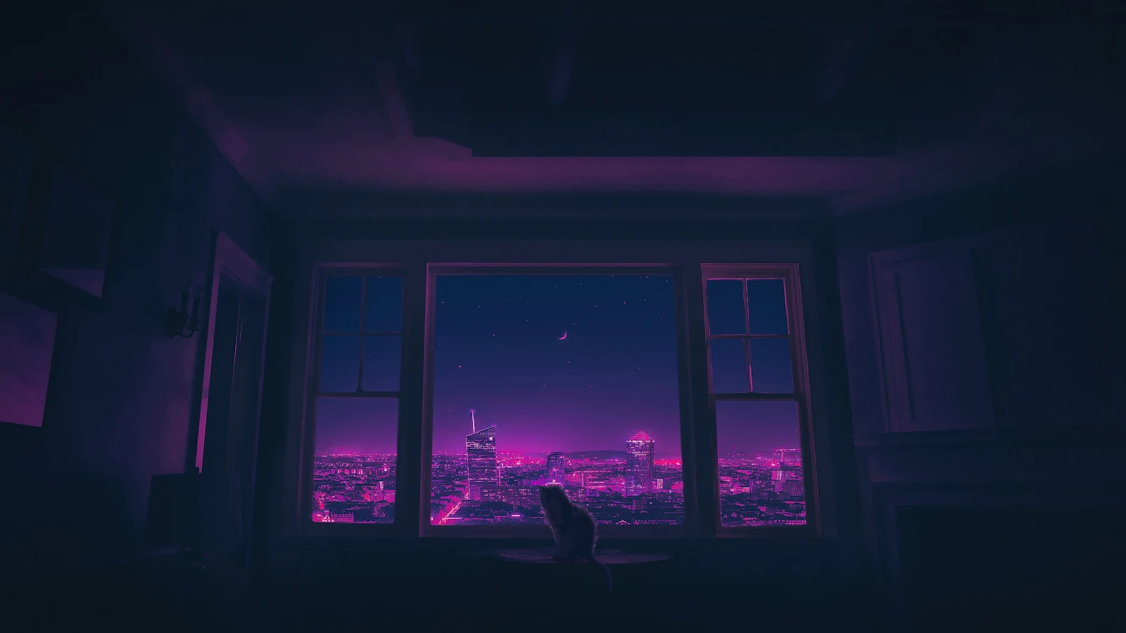 Synthwave, Cityscape, Cat, Night 4K Desktop Wallpaper Background [3840x2160] Free Download