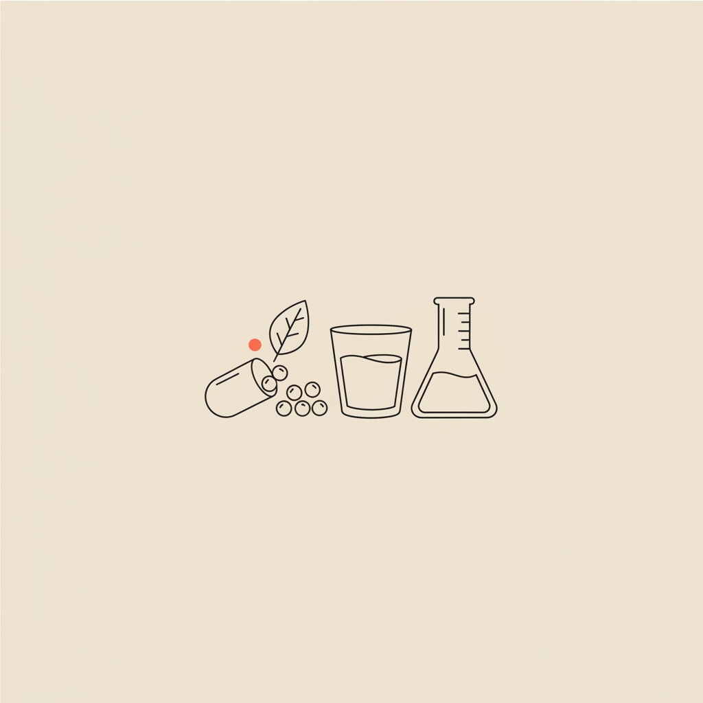 Tonum-style minimalist line illustration of an open capsule spilling tiny fruits and a leaf beside a water glass and small lab beaker, representing natural Ozempic alternatives