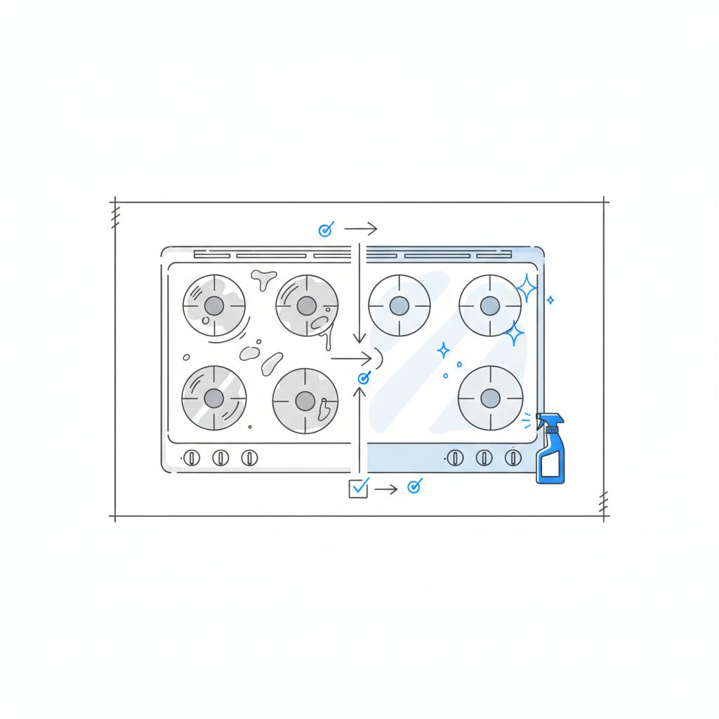 Vector before-and-after stovetop illustration for how to write an ad for a cleaning service, split view showing greasy left and sparkling right with blue-accent cloth