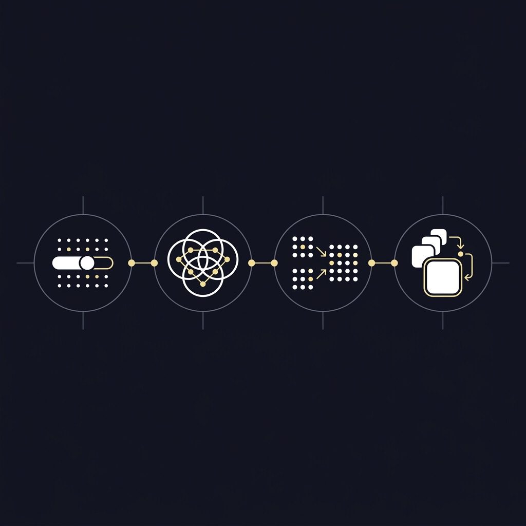Minimalist 2D vector step by step infographic for round robin odds calculator showing four connected icons that represent convert odds compute combinations multiply decimals and sum returns in Funded Plays brand colors