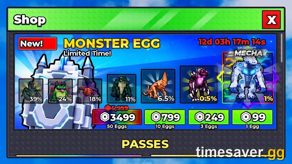 Steal An Egg Monster Egg shop screen showing pet rarity tiers and money-per-second income