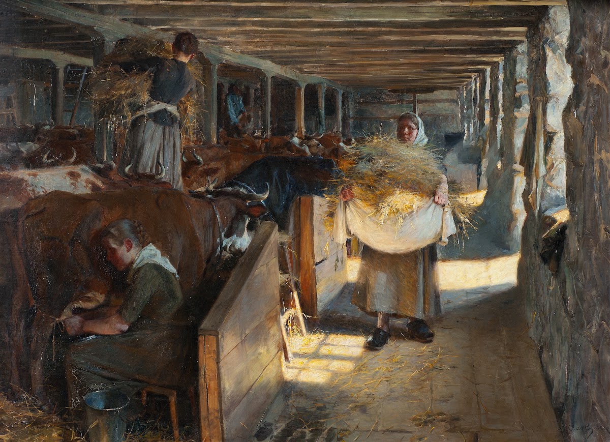 Feeding Time In A Cow Shed 1890