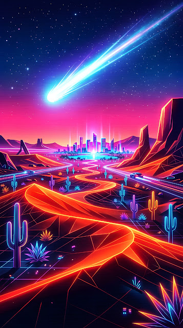 Futuristic Desert Landscape with Neon Cacti and Streaking Comet - Free mobile Wallpaper