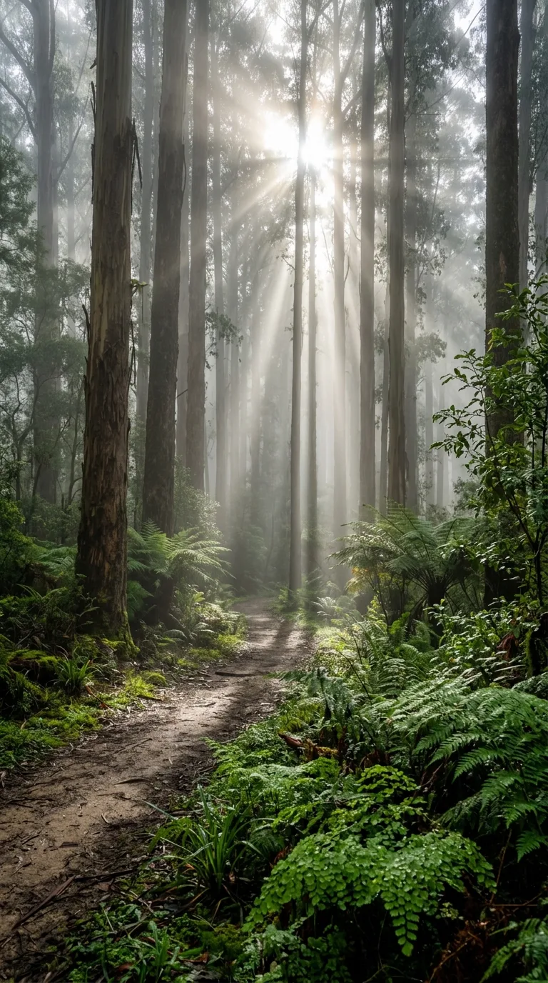 Cinematic Sun Rays Filtering Through Misty Eucalyptus Forest - Free 8K and 4K mobile Wallpaper Background