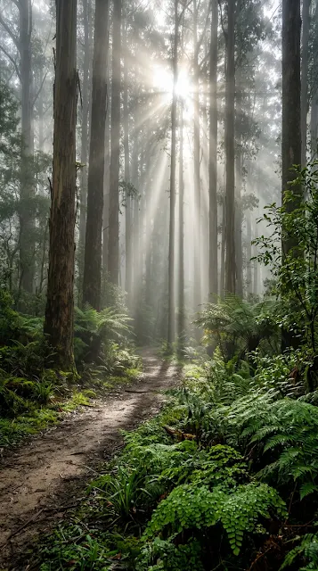 Cinematic Sun Rays Filtering Through Misty Eucalyptus Forest