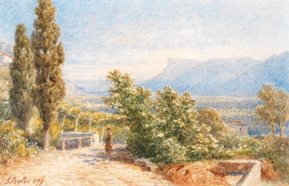 Landscape in the South Tyrol and figure staffage with Mendel mountain in the bac