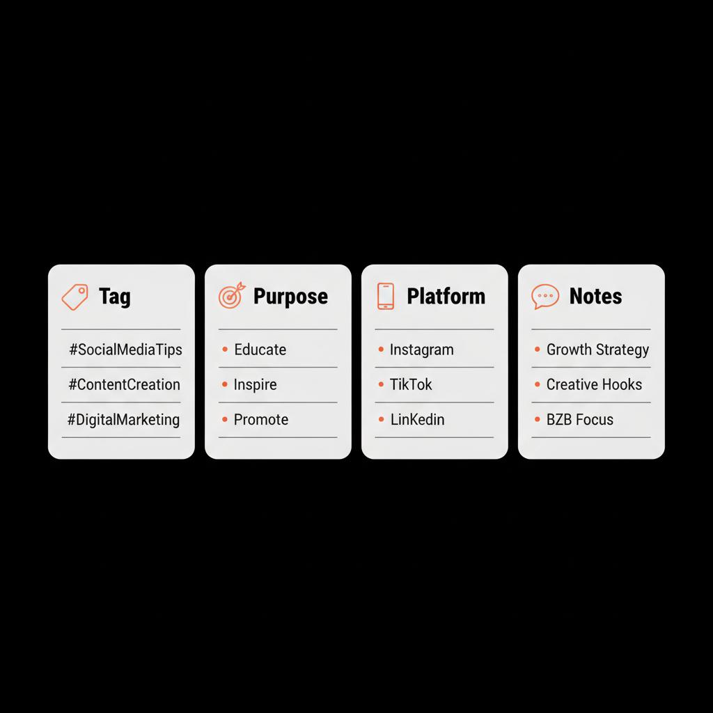 Minimal four-column hashtag bank infographic on black background with gray cards and orange accents showing Tag, Purpose, Platform, and Notes — top hashtags 2025
