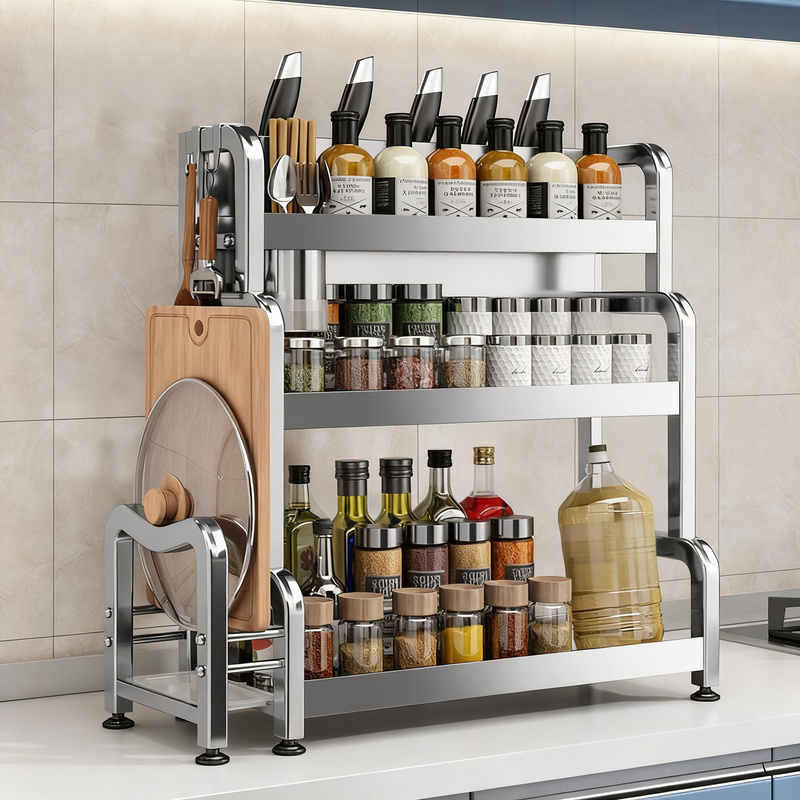Stainless steel kitchen shelf, multi-tiered, for work surface