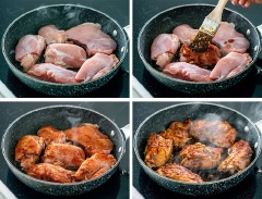 Thịt gà rửa sạch, để ráo. Tỏi bóc vỏ băm nhỏ. Pha nước sốt: cho tỏi băm, nước tương, đường nâu, dầu mè, bột ngũ vị hương trộn đều với nhau trong một cái bát nhỏ. Bắc chảo dầu olive lên bếp, cho gà vào chiên, vừa chiên vừa liên tục quét nước sốt đều khắp gà. Khi gà chín thì bạn tắt lửa.