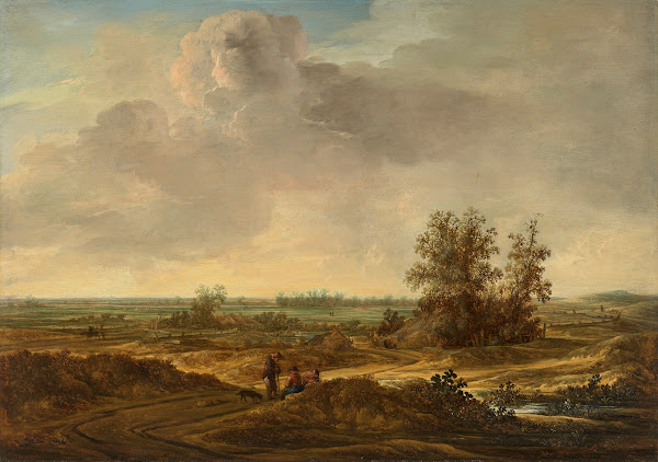 A dune landscape with three travelers and a dog at rest