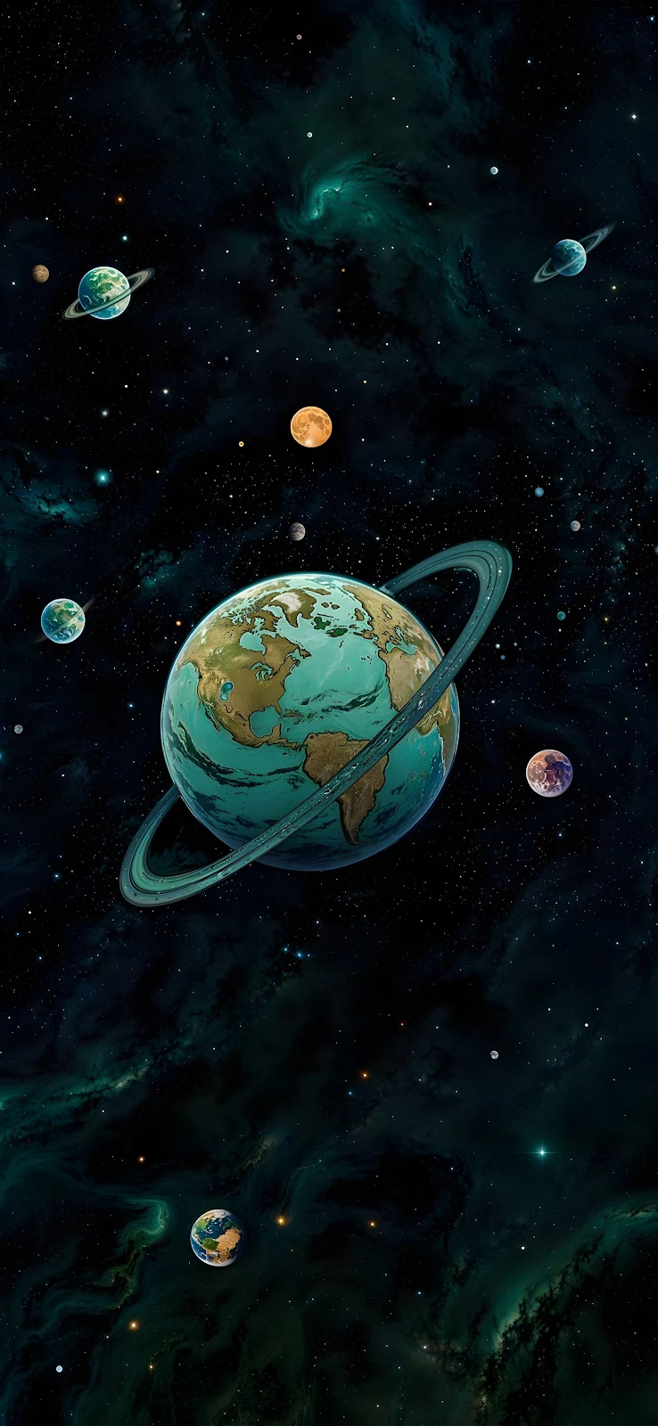 Ringed Earth in Deep Space - Digital Illustration 2K iPhone Wallpaper (1890x4096)