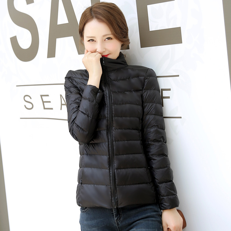 Lightweight women's down jacket with stand-up collar, white duck down
