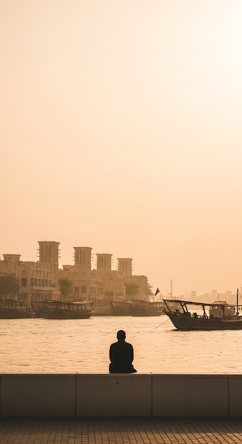 Hazy Golden Hour View of a Man Sitting by Dubai Creek and Historic Buildings - Free mobile Wallpaper