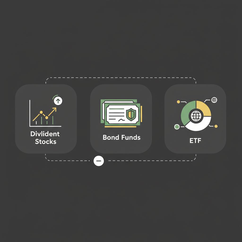 Minimalist vector illustration of a small investment portfolio with icons for dividend stocks bond funds and an ETF showing fees and diversification how to make money investing