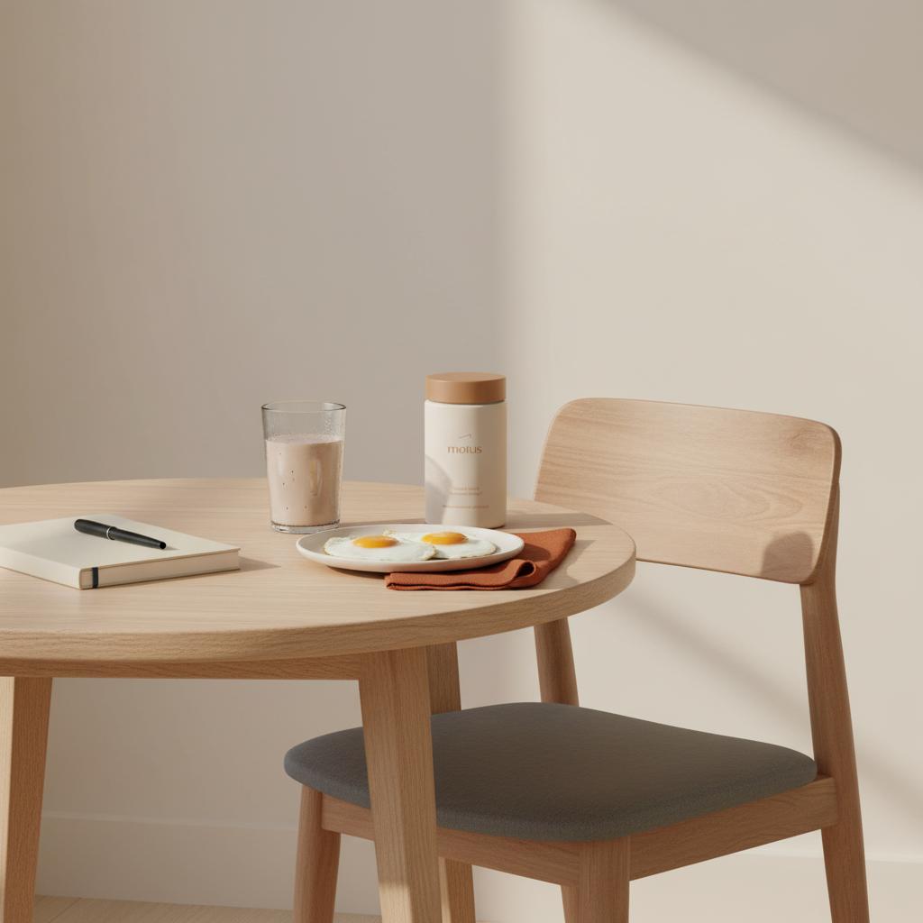 Minimal breakfast nook with a Tonum Motus bottle beside a protein shake, plate of eggs and a notebook, illustrating drinks to reduce belly fat and a healthy morning routine.