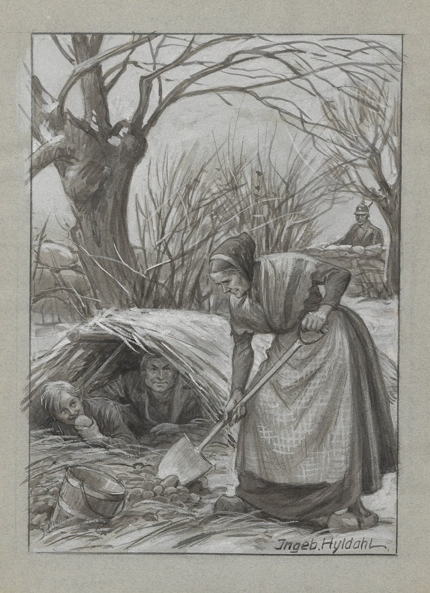 A woman shovels root vegetables into a bucket while a man and a boy hide in a ha