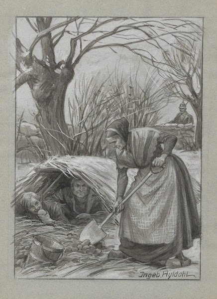 A woman shovels root vegetables into a bucket while a man and a boy hide in a ha