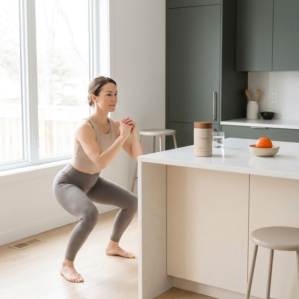 Woman in her forties doing a squat by a modern kitchen island with a Tonum container on the counter, illustrating a metabolism booster for women over 40.