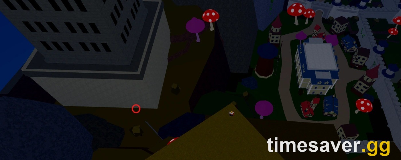 Overhead Floating Turtle view with the Crypt Master's position beside the tall stone building circled in red