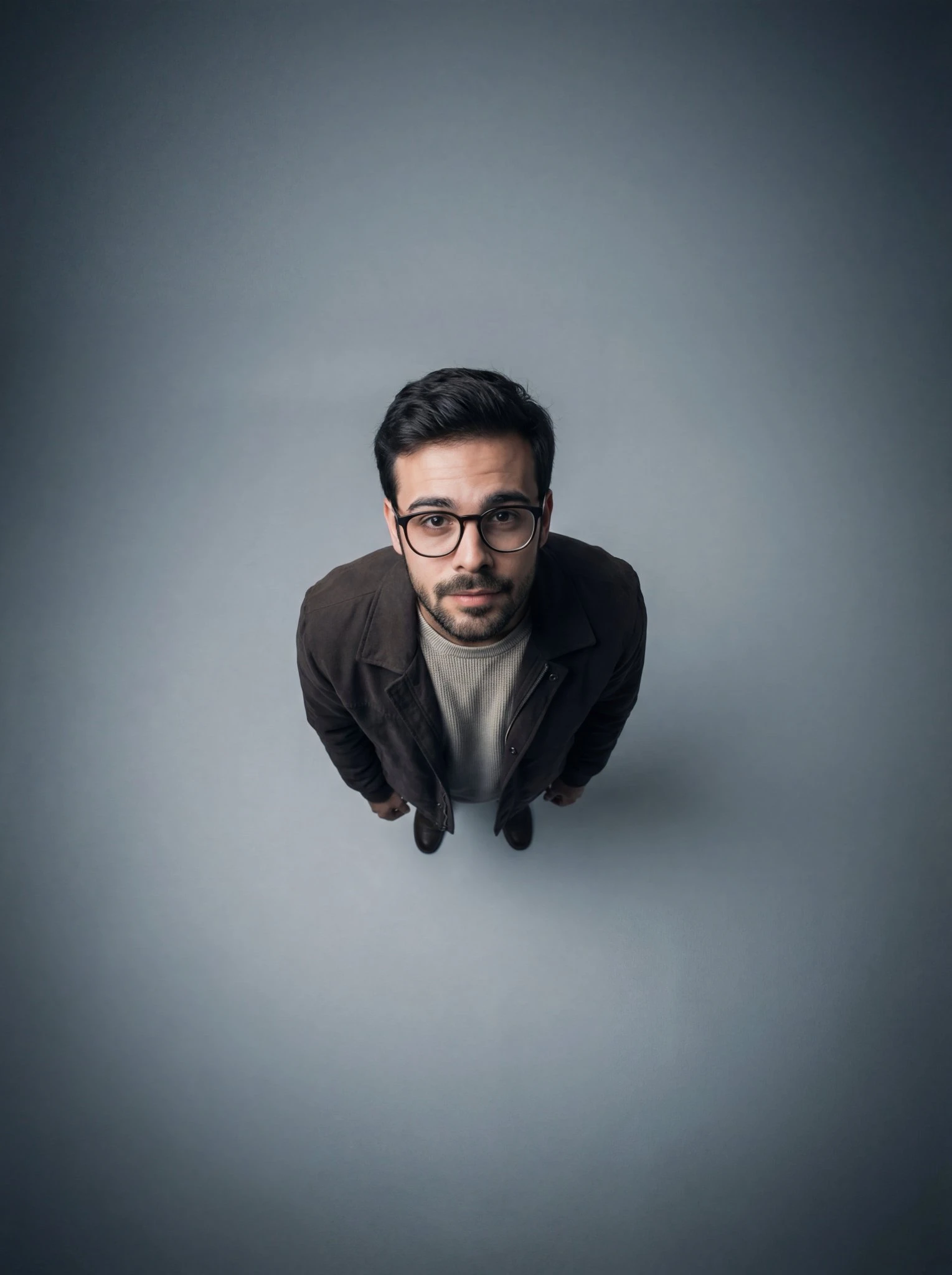 Retrato de cuerpo entero desde un ángulo extremadamente elevado, que transmite aislamiento y vulnerabilidad.