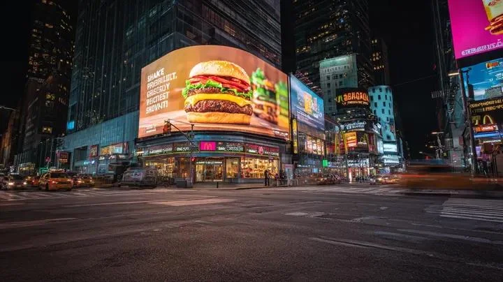Paisaje urbano nocturno cinematográfico ultrarrealista inspirado en Times Square, Nueva York.