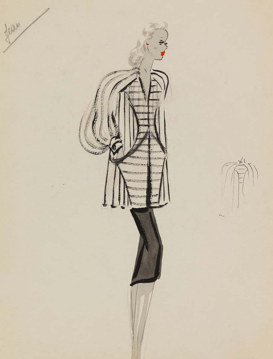 Manteau blanc court rayé de noir sur robe noire 1938