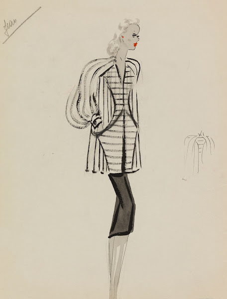 Manteau blanc court rayé de noir sur robe noire 1938
