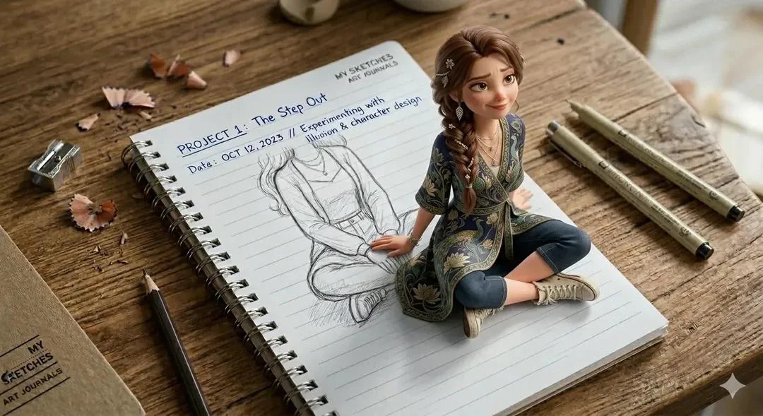 Una obra de arte creativa con ilusión 3D que representa a una linda niña saliendo de la página de un cuaderno de espiral colocado sobre un escritorio de madera.