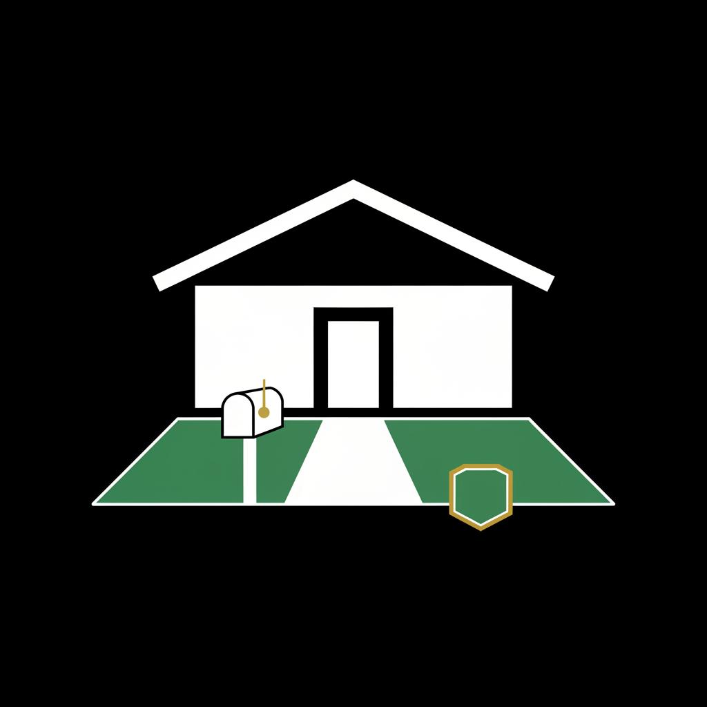 Minimalist vector exterior of a rental property with a small managed by sign and tidy lawn in Finance Police colors passive income business ideas