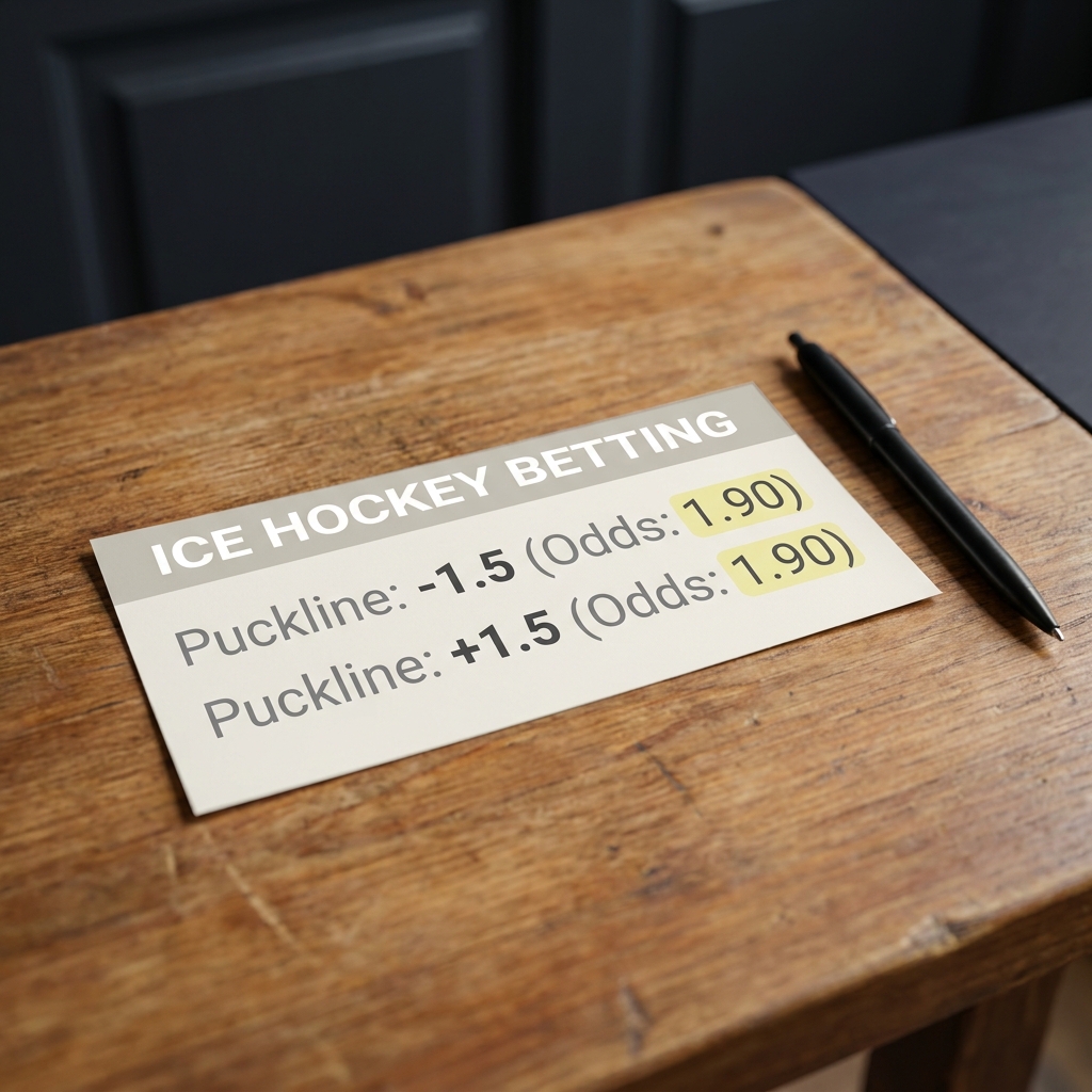 Close up of printed betting slip showing puckline minus 1.5 and plus 1.5 on a wooden table next to a pen minimal Funded Plays brand aesthetic