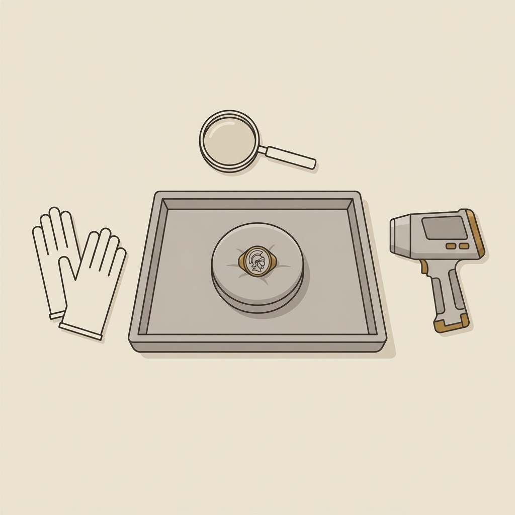 Conservator bench with padded tray holding an antique roman soldier ring examined with gloves magnifier and pXRF device in a minimal 2D vector style