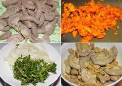 Lòng heo non chà sạch với muối và giấm rồi rửa lại bằng nước sạch. Rửa lòng lại thêm 1 lần với rượu trắng rồi cho lòng vào luộc. Chỉ nên luộc lòng vừa chín đến, sau đó vớt ra ngâm vào nước lạnh để lòng không bị thâm đen. Thái lòng thành từng phần nhỏ vừa ăn. Củ nghệ gọt vỏ, giã dập. Chia làm 2 phần, 1 phần vắt lấy nước để ướp với lòng cùng 1 muỗng cà phê hạt nêm, 1/3 muỗng cà phê muối, 1 muỗng cà phê đường. Hành tây, rau răm thái nhỏ.
