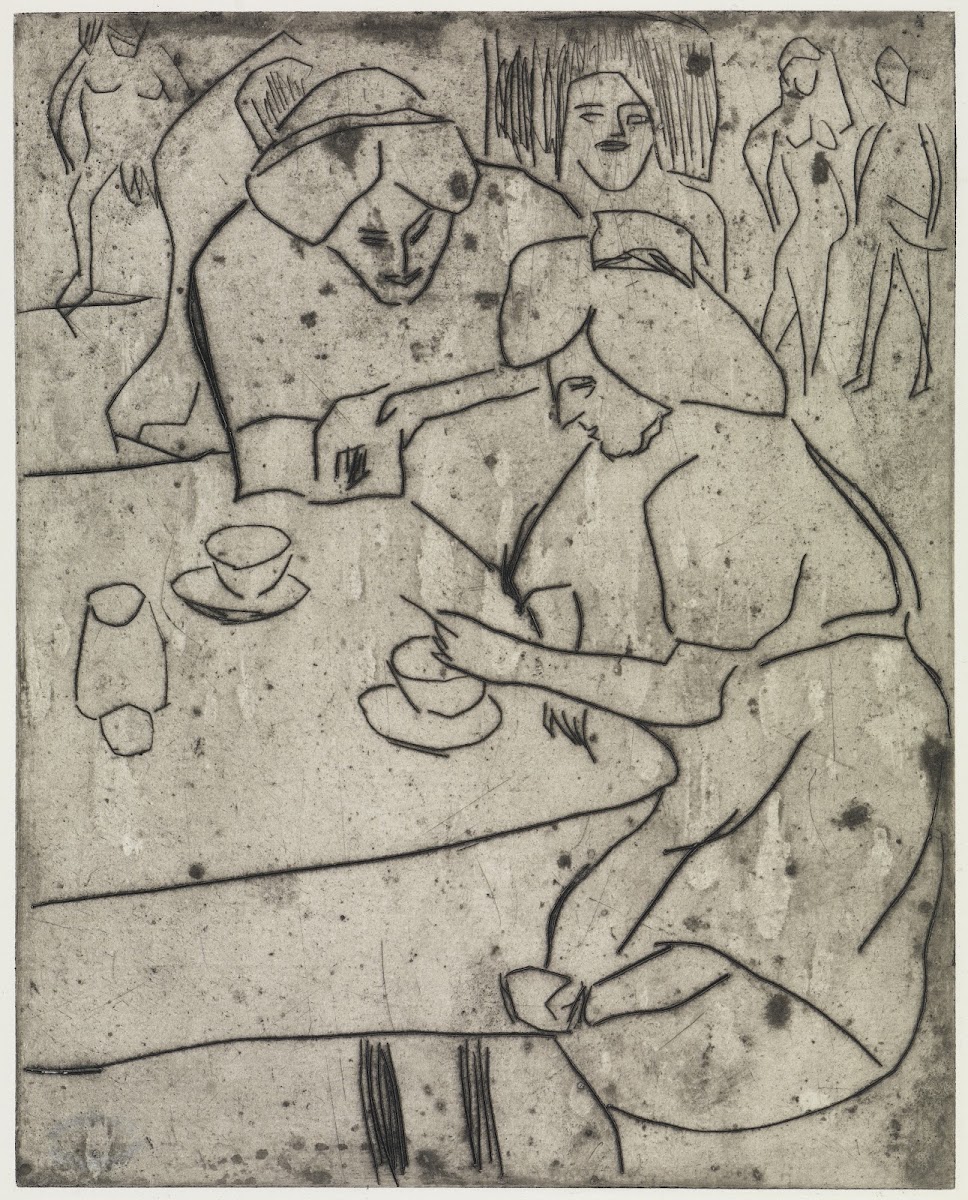 Mädchen einer anderen den Bauch frottierendMädchen am Kaffeetisch 1910