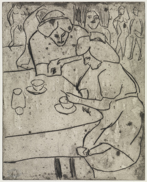 Mädchen einer anderen den Bauch frottierendMädchen am Kaffeetisch 1910