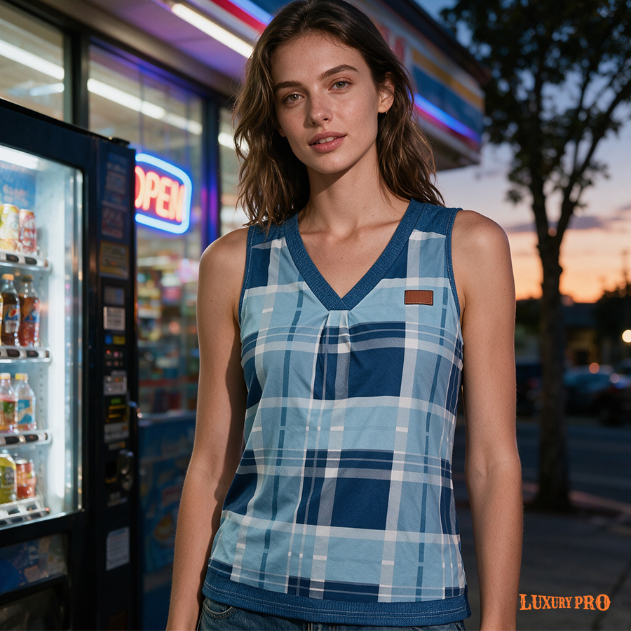 AOP MEG Faux Denim Collared Vest with Chest Pleats