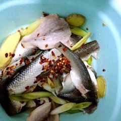 Cho gừng, hành lá, bột nêm gà vào bát trộn đều. Tiếp đó cho cá, ớt khô vào ướp trong khoảng 20 phút.