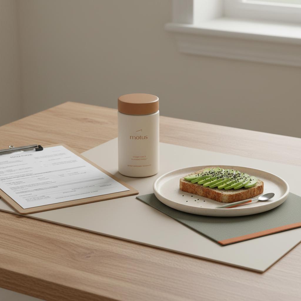 Minimalist kitchen table with Motus supplement container beside a clipboard of printed lab results and a plate of whole-grain toast with avocado, illustrating fatty liver disease causes