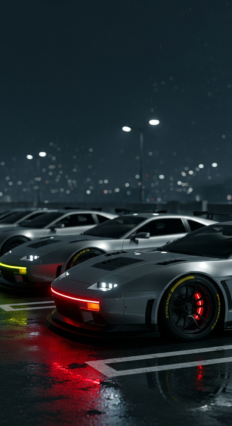 Gritty Cyberpunk Sports Cars Close-up in Rainy City Night - Free 4K mobile Wallpaper