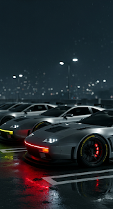 Gritty Cyberpunk Sports Cars Close-up in Rainy City Night