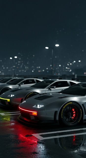 Gritty Cyberpunk Sports Cars Close-up in Rainy City Night - Free mobile Wallpaper