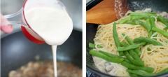 Kế đến, thêm 125ml kem whipping vào đến khi nước trong nồi sôi thì thêm mì đã được luộc chín và đậu que vào, đảo đều một lúc rồi tắt bếp.