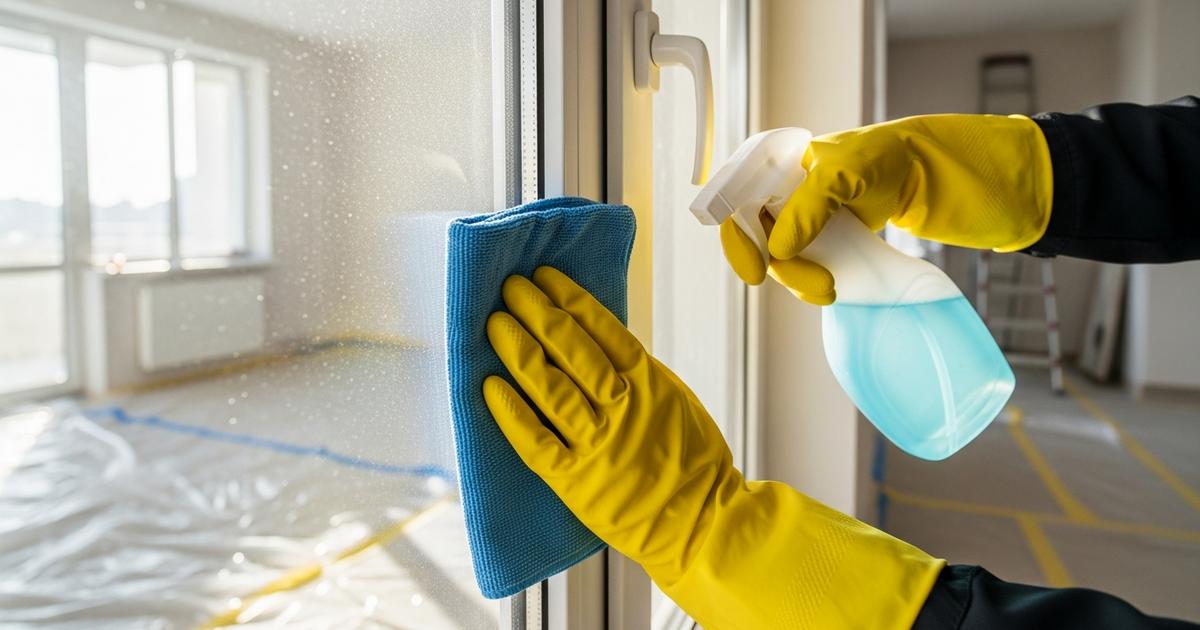 Curatare geam dupa reparatie - mainile in manusi indeparteaza praful si vopseaua de pe rama ferestrei