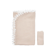 Плед Twins мусліновий 100х80 4-х шар з помпонами+серветка бежевий