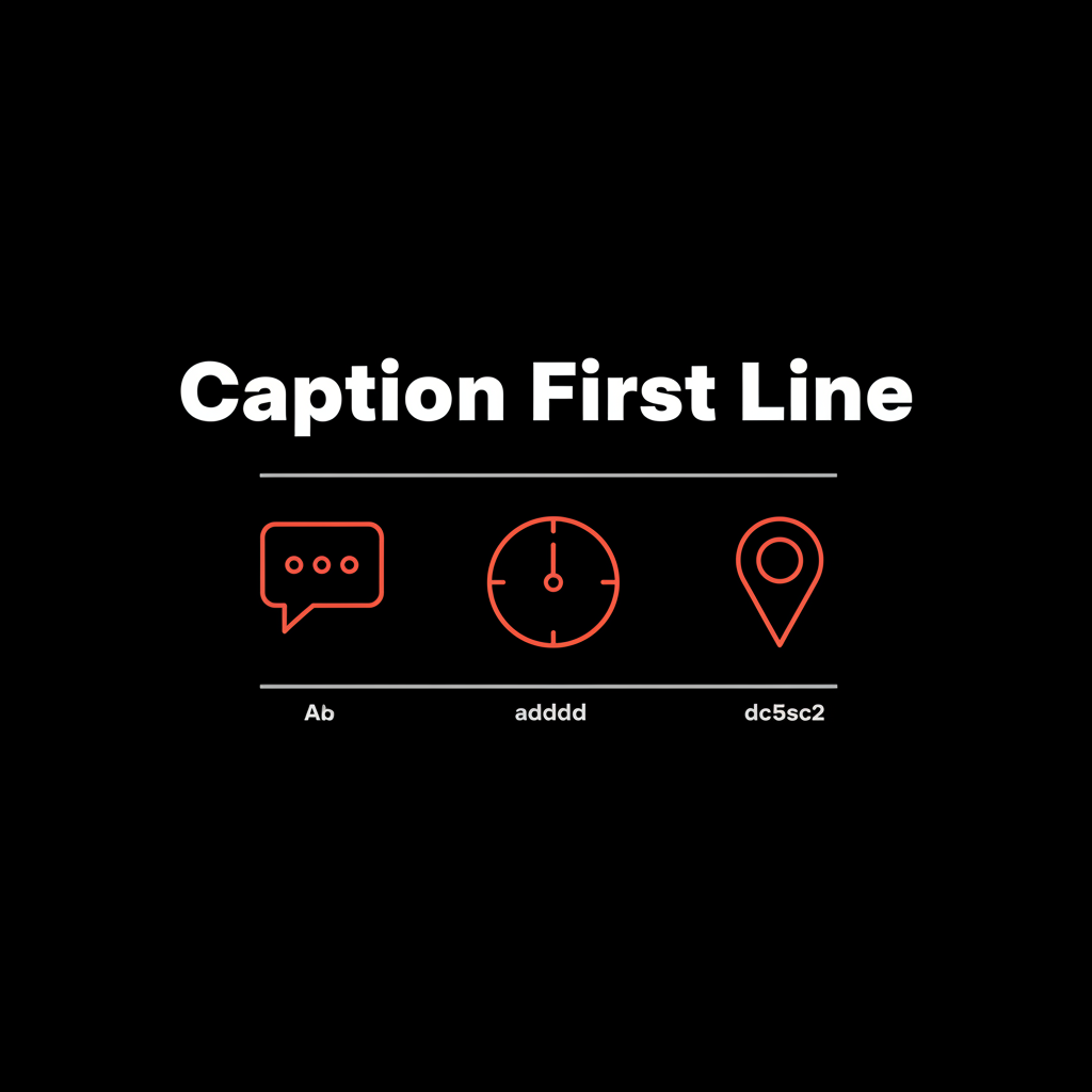 Minimal infographic panel for Instagram search trends showing 'Caption First Line' large bold sentence with vector icons (speech bubble, clock, pin) in brand colors