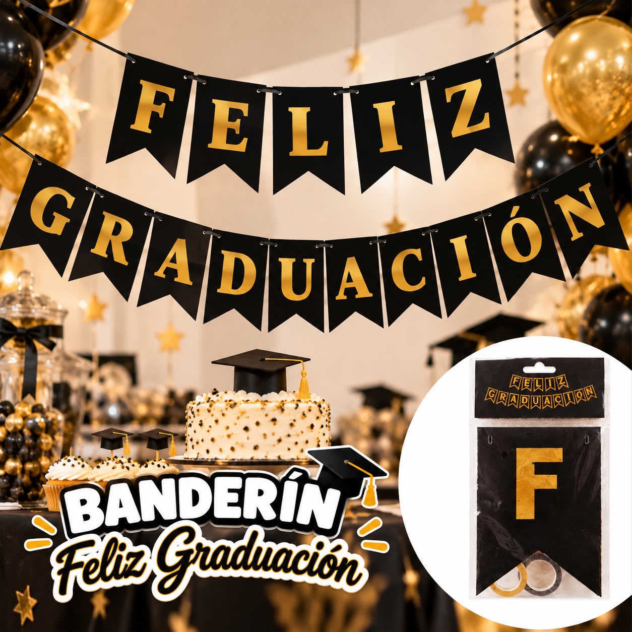 Banderín 'Feliz Graduación' – fondo negro y blanco