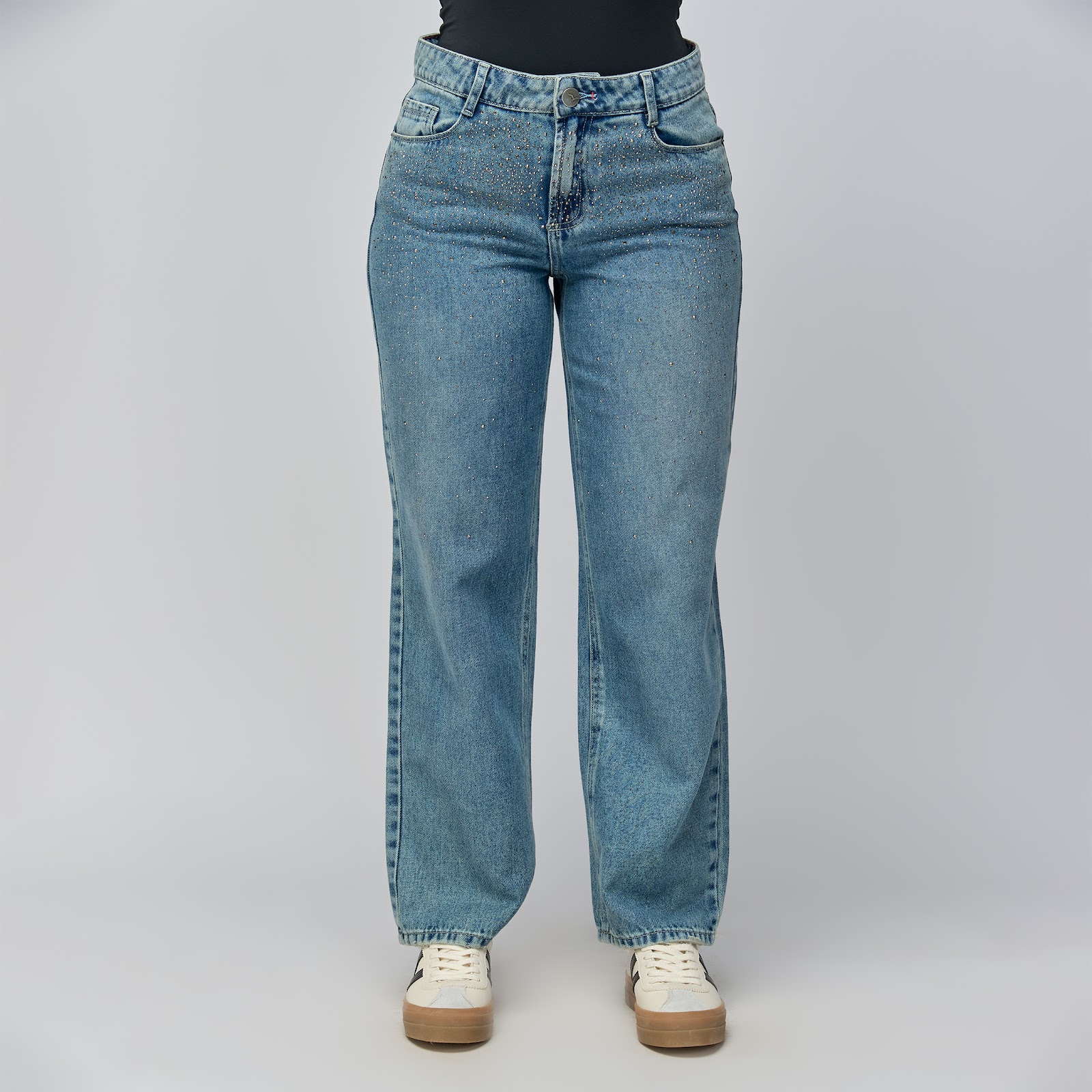 Jean straight tiro alto en denim rígido 100% algodón, color azúl medio - Vista 5