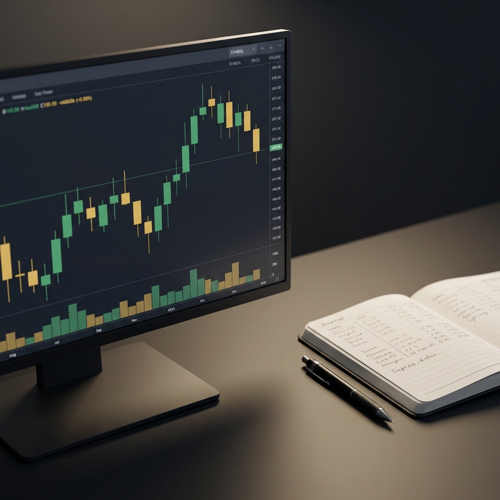 Photoreal close up of a trading screen with candlestick patterns and a neat trading journal on a charcoal desk using brand accents green 4aa568 and gold  e6bb5b How much can I make a day as a day trader?